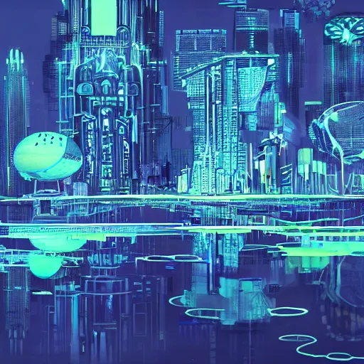 Prompt: Futuristic cityscape on a on a bioluminescent world