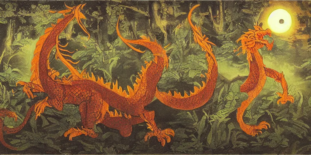 Prompt: dragon at night, in the forest, indian art
