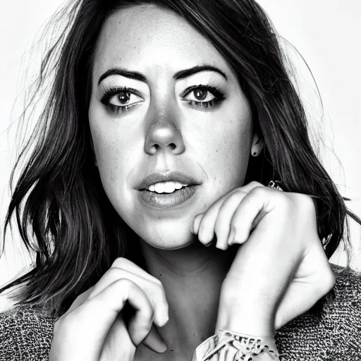 Image similar to portrait of Aubrey Plaza, high resolution 8k, modeling, black and white, 50mm lens, happy, dazzling,