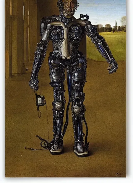Image similar to cybernetic exoskeleton cyborg farmer by Jan van Eyck