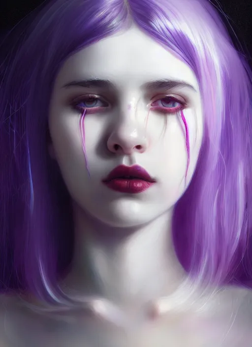 Image similar to portrait of teenage girl with white bangs, red irises, bangs, black and white hair, purple clothes, white bangs, two color hair, black hair and white bangs, intricate, elegant, glowing lights, highly detailed, digital painting, artstation, concept art, smooth, sharp focus, illustration, art by wlop, mars ravelo and greg rutkowski