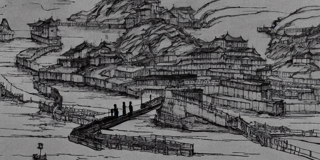 Prompt: a chinese prison by a river, in the style of junji ito, parts by edward hopper, parts by rodcenko, parts by yue minjun, parts by peter doig, intricate and epic composition, 4 k, very detailed, insanely quality, highly detailed, masterpiece, overlaid with chinese adverts