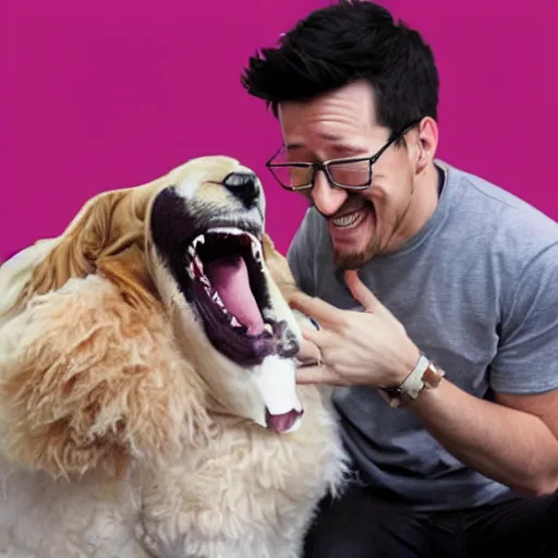 Prompt: a caricature of Markiplier laughing happily as he pets his dog.