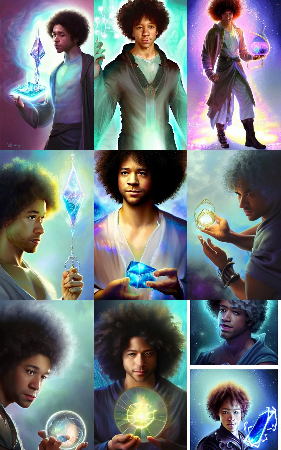 Prompt: character concept portrait of Corbin bleu as an wizard enchanting a floating glowing crystal shardt, a floating iridescent spell book in the center, intricate, elegant, digital painting, concept art, smooth, sharp focus, illustration, from Metal Gear, by Ruan Jia and Mandy Jurgens and William-Adolphe Bouguereau, Artgerm