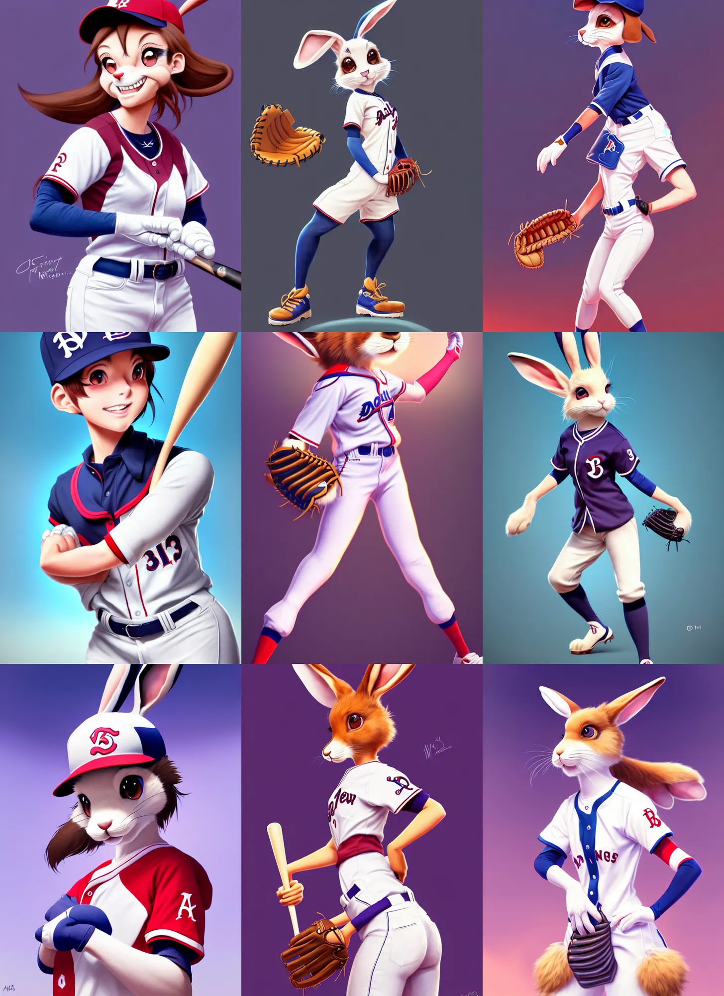 Prompt: beautiful portrait of a female anthropomorphic rabbit fursona wearing a baseball uniform in a baseball stadium. character design by disney, charlie bowater, ross tran, artgerm, and makoto shinkai, detailed, soft lighting, rendered in octane