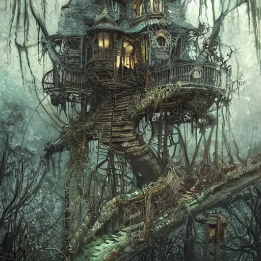 Image similar to dilapidated broken baba yagas steampunk treehouse, tucked within the witchwood forest, evil fairies, overgrown, detailed intricate ink illustration, dark atmosphere, detailed illustration, hd, 4k, digital art, overdetailed art, concept art, by greg rutkowski, by loish, complementing colors, Trending on artstation, deviantart