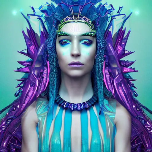 Image similar to unreal engine, octane render, 8 k, sandro botticelli portrait of egyptian sumerian goddess princess intergalactica, nautical siren, queen of heaven, techno mystic goddess, with aqua neon dreadlocks, teal eyebrows encrusted with diamonds, wearing iris van herpen haute couture, star - gate of futurisma,