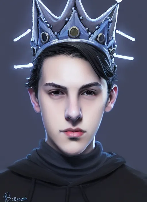 Image similar to portrait of teenage jughead jones wearing a light grey crown, photorealistic, crown, eyes closed, crown, black hair, intricate, elegant, glowing lights, highly detailed, digital painting, artstation, concept art, smooth, sharp focus, illustration, art by wlop, mars ravelo and greg rutkowski