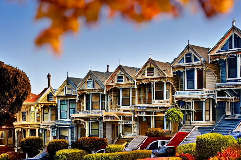 Image similar to typical San Francisco houses, award winning photograph, high exposure, golden hour, 15-30mm, panorama, autumn, car lights, photorealistic, 70s cars, 70s filter, shadows