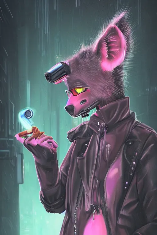 Image similar to digital painting of anthromorphic hyena female smoking cigarrete in cyberpunk style, fursona, furry fandom, neon rainy cyberpunk setting, anthro, wearing cyberpunk leather jacket, detailed face,