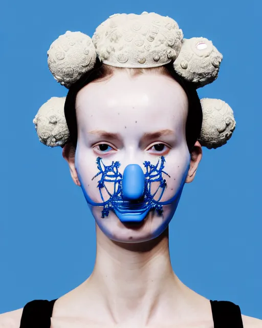Image similar to symmetrical close - up portrait of a woman wearing a blue silicone embroidered beauty mask and hair buns, wearing a black bodysuit by alexander mcqueen, cream white background, soft light, biotechnology, humanoide robot, bjork aesthetic, translucent, by rineke dijkstra, intricate details, highly detailed, masterpiece,
