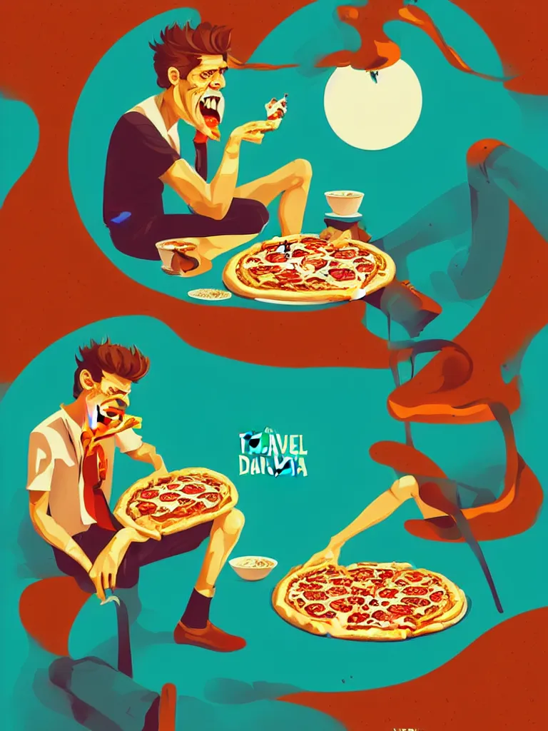 Prompt: a travel poster illustration depicting willem dafoe eating pizza, vintage style, detailed illustration, digital painting, vector art, trending on artstration, trending on behance, by anton fadeev, by alena aenami, by makato shinkai