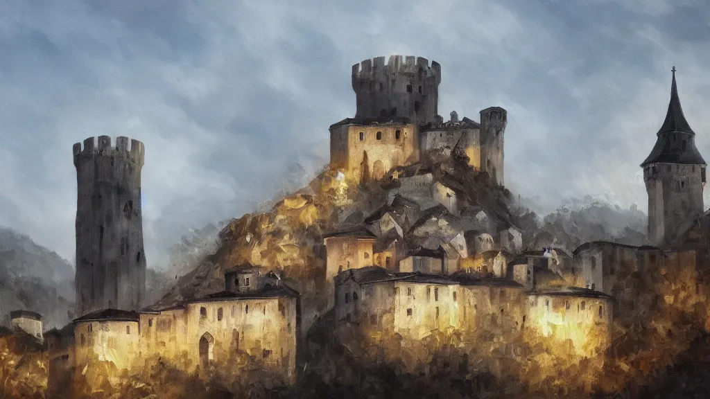 Prompt: a white tower and black tower rising up from a hilly European city, trending on art station, oil painting, concept art