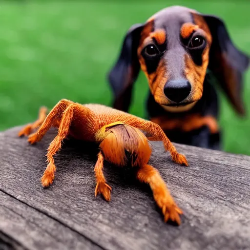 Prompt: “ a spider and a dachshund hybrid animal, golden hour, 8 k photography ”