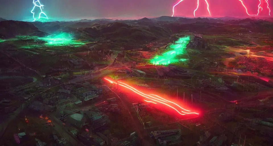 Image similar to Landscape with GIANT neon lightning bolt striking a futuristic castle, center composition, cinematic, rendered by simon stålenhag, rendered by Beeple, Makoto Shinkai, syd meade, environment concept, digital art, starwars, unreal engine, 3 point perspective, WLOP, trending on artstation, low level, 4K UHD image, octane render,