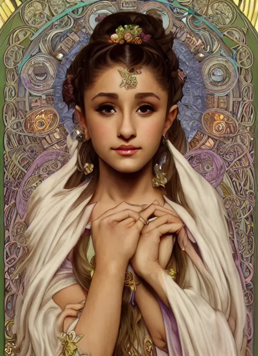 Image similar to Ariana Grande as God of Beauty, cute, fantasy, intricate, elegant, highly detailed, digital painting, 4k, HDR, concept art, smooth, sharp focus, illustration, art by alphonse mucha,artgerm, H R Giger