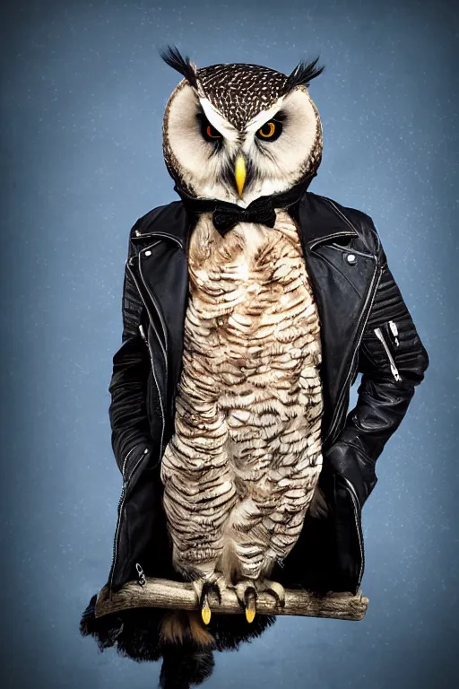 Prompt: cute owl wearing black biker jacket, portrait photo, backlit, studio photo, background colorful, tophat, kobalt blue