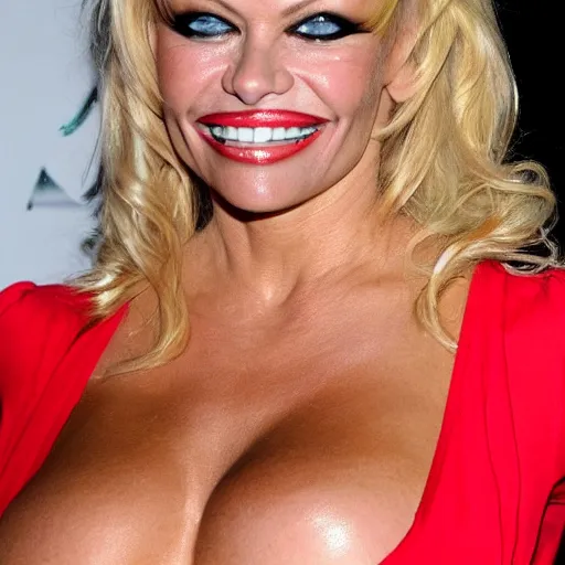 Prompt: face shot Pamela Anderson in a bikini with joker makeup