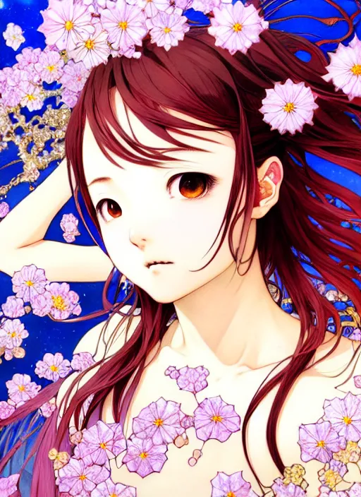 Image similar to exquisite imaginative manga poster portrait art of vampries girl, flowers, pearlescent, shimmering, reflective, rim light, clear face, detailed background, by kojima ayami, shigenori soejima, minaba hideo, alphonse mucha, dark fantasitic, illustration, artstation, pivix, concept art, highly detailed, colorful, maximalist