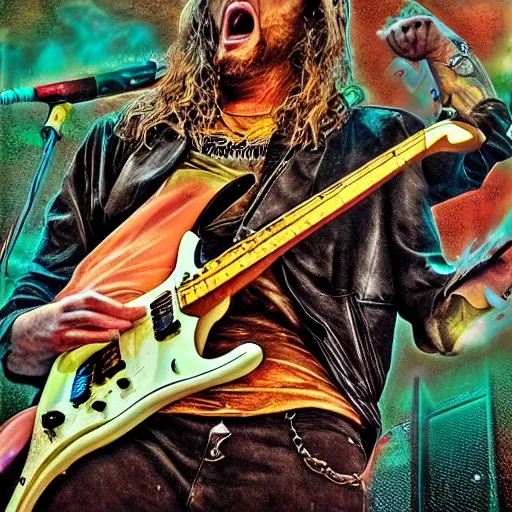 Prompt: Heavy Guitar Riffs Man screaming YEAH! More Heavy Guitar riffs I`ll take a nicotine caffein sugar fix Jesus don`t you get tired of turning tricks?, Realistic, HDR, HD,