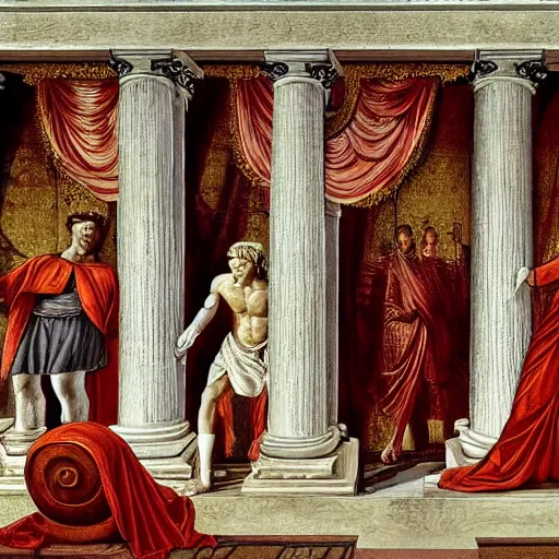 Image similar to caesar being killed by brutus on senate floor, surreal, roman architecture, roman dress style.