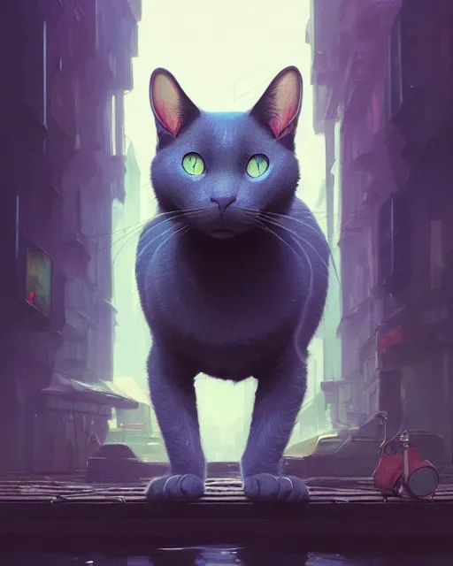 Image similar to highly detailed surreal vfx portrait of a russian blue cat in the mob, stephen bliss, unreal engine, greg rutkowski, loish, rhads, beeple, makoto shinkai and lois van baarle, ilya kuvshinov, rossdraws, tom bagshaw, alphonse mucha, global illumination, detailed and intricate environment