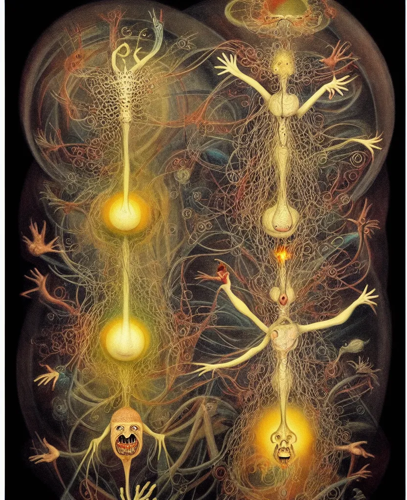 Image similar to whimsical freaky creature sings a unique canto about'as above so below'being ignited by the spirit of haeckel and robert fludd, breakthrough is iminent, glory be to the magic within, painted by ronny khalil