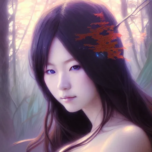 Prompt: Portrait of female japanese idol, D&D, blue eyes, face, fantasy, intricate, elegant, highly detailed, digital painting, artstation, concept art, smooth, sharp focus, illustration, forest on background, art by artgerm and greg rutkowski and alphonse mucha