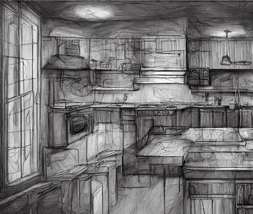 Image similar to An of interior of a kitchen at night, rotoscoped, rotoscope, photoshop, photomanipulation, realism, painting, illustration and sketch, weird scribbles, hybrid styles, hybrid art styles, mismatched, trending on artstation, trending on deviantart, weird, quirky, interesting, very detailed, highly detailed, HD Quality, 4k resolution, 8k resolution, in the style of David Firth, in the style of James Lee, in the style of Drue Langlois,