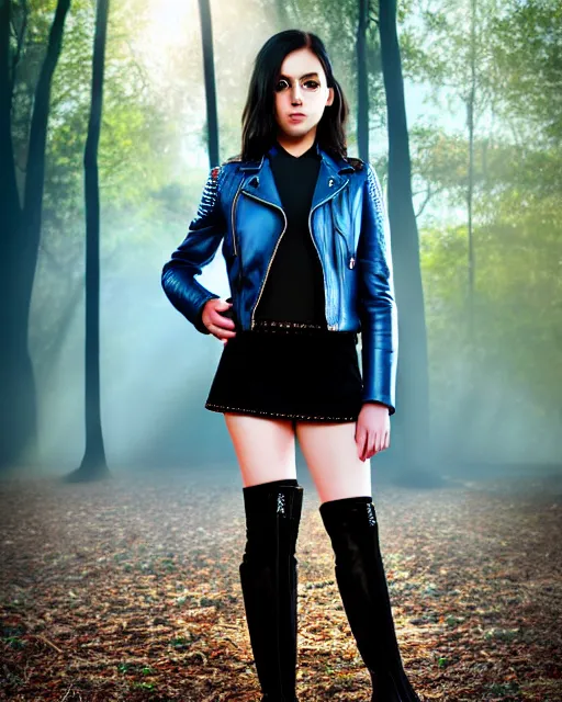 Prompt: hyperrealistic mithra young girl in her 20s intricate knee high black flat boots and leather jacket in a forest sun behind her concept art eric zener elson peter cinematic blue light low angle hd 8k sharp shallow depth of field