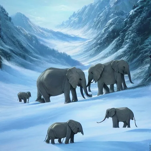 Prompt: ghost elephants in the Alps, Darrell K Sweet, artstation, concept art, digital art