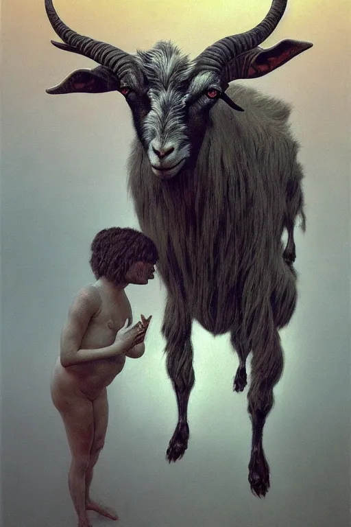 Image similar to painting of hybrid between human andy milonakis and a goat, by zdzislaw beksinski, by tiffany bozic, cold hue's, warm tone gradient background, concept art, beautiful composition, digital painting