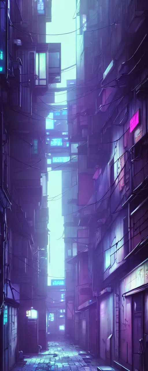 Image similar to city alleyway in the atmospheric cyberpunk anime film, gouache matte background painting, neon noir, at night with lights, by makoto shinkai, in the anime series ergo proxy, beautiful specular edge highlights and rim lighting