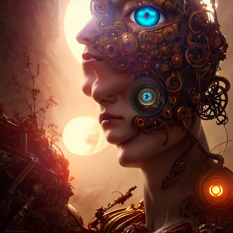 Image similar to ultra realistic beautiful cyborg deity eyes closed, fantasy, intricate details, movie still, highly detailed, photorealistic, octane render, eerie, 8k, art by artgerm and james clyne and greg rutkowski and alphonse mucha