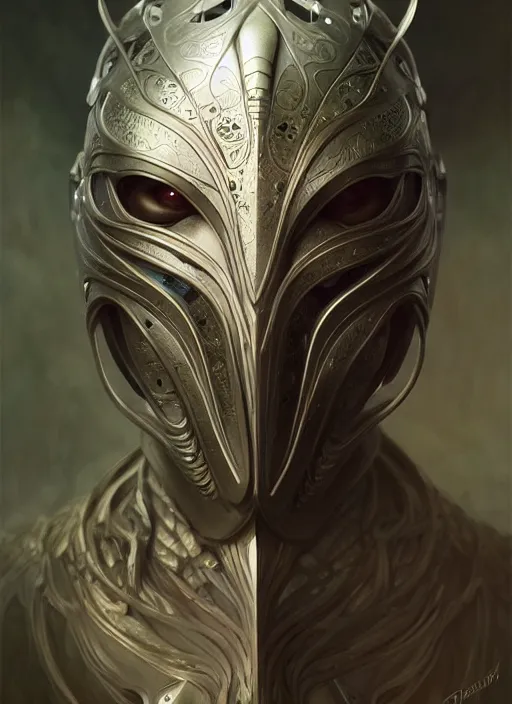 Image similar to organic cyborg drahon mask, diffuse lighting, fantasy, intricate, elegant, highly detailed, lifelike, photorealistic, digital painting, artstation, illustration, concept art, smooth, sharp focus, art by John Collier and Albert Aublet and Krenz Cushart and Artem Demura and Alphonse Mucha