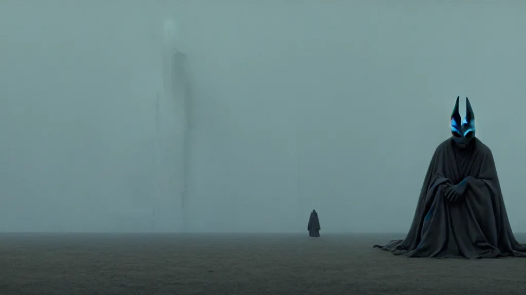 Image similar to they worship the bat, film still from the movie directed by Denis Villeneuve with art direction by Zdzisław Beksiński, wide lens