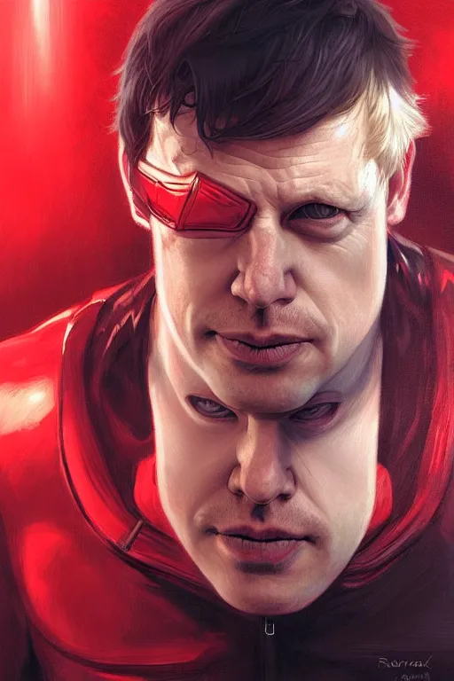 Image similar to Boris Johnson as Daredevil, realistic portrait, symmetrical, highly detailed, digital painting, artstation, concept art, smooth, sharp focus, illustration, cinematic lighting, art by artgerm and greg rutkowski and alphonse mucha