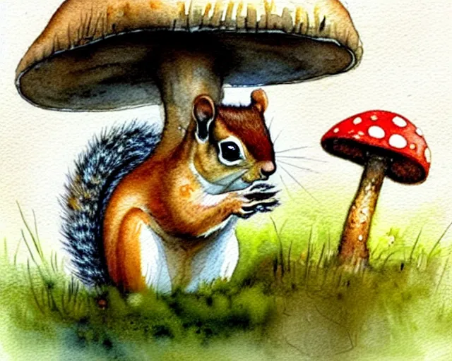 Image similar to a cute little squirrel standing under a huge mushroom, hiding from the rain, watercolor painting by jean - baptiste monge, muted colors