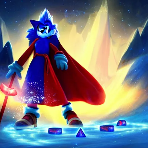 Prompt: red headed woman dressed in dark blue wizard robes holding a wooden staff covered in glowing red runes topped with a glowing gem. background of snowy mountains. fantasy painting. sonic the hedgehog is also there