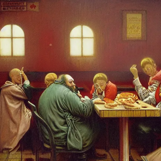 Prompt: Slobs eating hamburgers and fries at an inner city Burger King, Gustave Doré painting