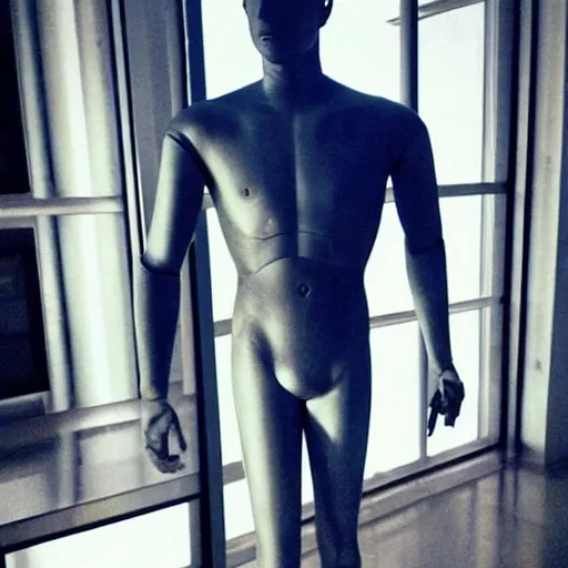 Image similar to “ a realistic detailed photo of a guy who is an attractive humanoid who is half robot and half humanoid, who is a male android, actor liam hemsworth, shiny skin, posing like a statue, blank stare, at the museum, on display ”