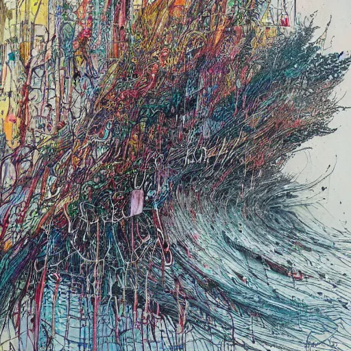 Prompt: by carne griffiths daring, melancholic. the conceptual art of a huge wave about to crash down on three small boats. the boats are filled with people, & they all look terrified.