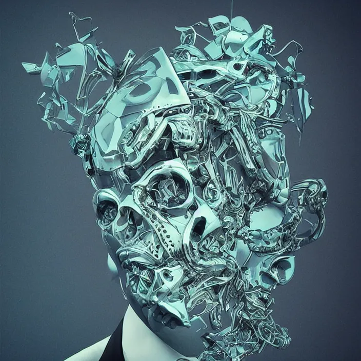 Image similar to portrait of an alien king skull in a suit. intricate abstract. intricate artwork. nightmare fuel. by tooth wu wlop beeple dan mumford. octane _ render