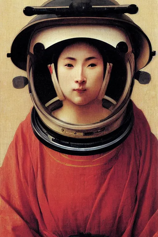 Image similar to portrait of a astronaut in samurai helmets, by bouguereau