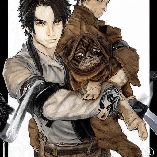 Image similar to young white hispanic handsome man with short light brown hair and light skin and a 5 o clock shadow and holding a pug while fighting against two swordsmen pencil art, added detail, high definiton, colored, backfacing, illustrated by yoji shinkawa