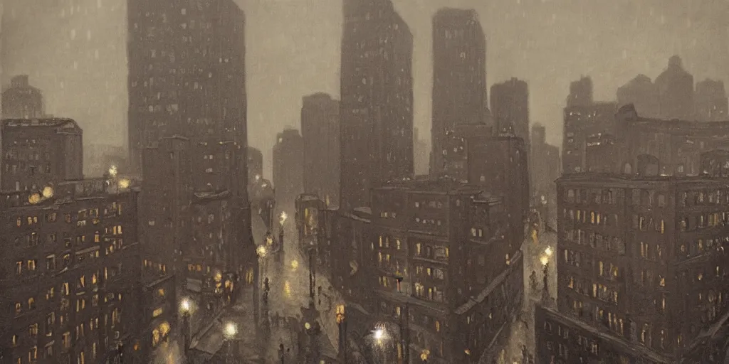 Image similar to a realistic rooftop sepia - toned painting of 1 9 2 0 s downtown boston at night in the rain, dark, brooding, atmospheric, lovecraft