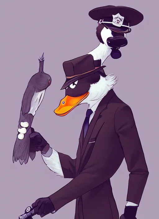 Image similar to commissioned full body portrait of a male anthro duck fursona with a duck head wearing a nice black suit and a fedora holding a baseball bat sitting on the hood of a police patrol car in a baseball stadium, by a professional manga illustrator, Stanley Artgerm Lau, WLOP, Rossdraws, James Jean, Andrei Riabovitchev, Marc Simonetti, and Sakimichan, trending on artstation