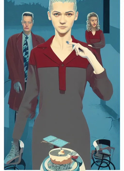 Prompt: Twin Peaks poster artwork by Michael Whelan, Bob Larkin and Tomer Hanuka, Karol Bak of portrait of Zendaya is a high school student working at the diner wearing light blue waitress dress, from scene from Twin Peaks, simple illustration, domestic, nostalgic, from scene from Twin Peaks, clean