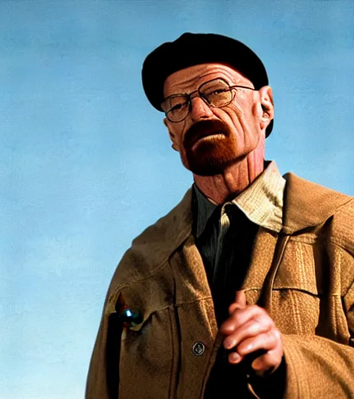 Image similar to walter white singing with a microphone in the desert, realistic, movie still, close up, dynamic