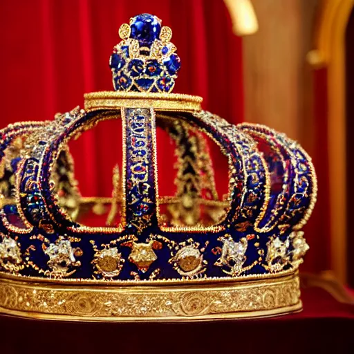 Prompt: a large ornate crown with sapphires and engraved runes, placed upon a crimson altar, photo